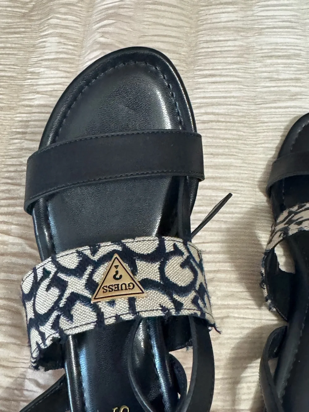 GUESS Navy Blue Leather & Monogram Logo Strap Sandals